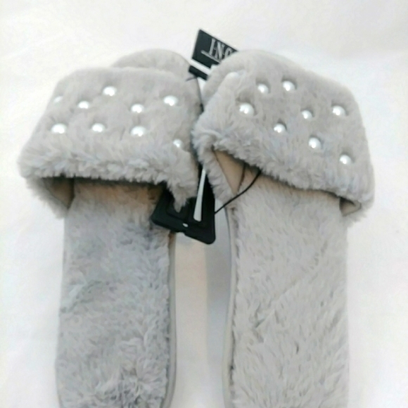 INC International Concepts Shoes - INC Women's Fuzzy Pearl Accent Slipper Slides Soft Gray Size XL